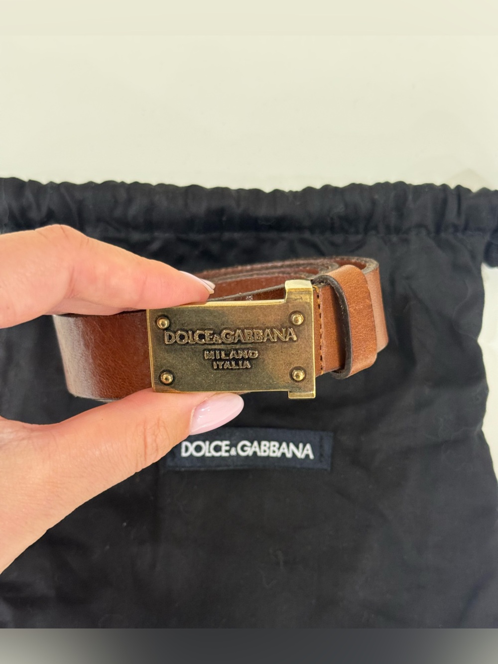 Dolce & Gabbana Tan Leather Men’s Belt with Brass Logo Buckle